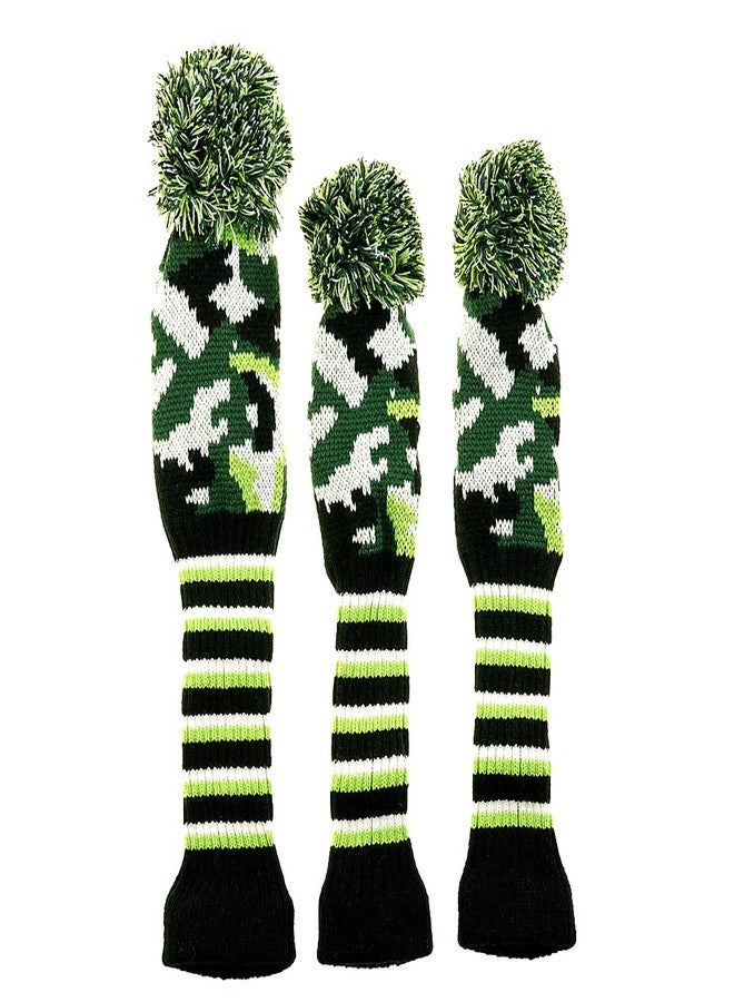 GOOACTION 3PCS Knitted Golf Head Covers 1-3-5 for Driver and Fairway Woods with Long Neck Design Camouflage Army Green Sock Pom Pom Camo Vintage Golf Club Head Covers Set - Image 5