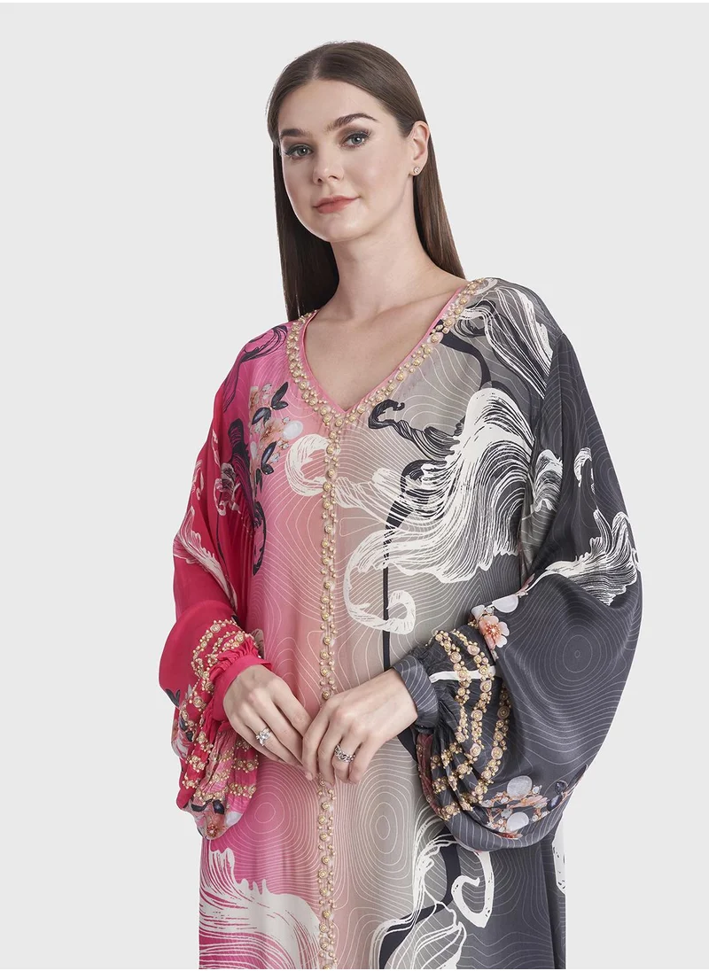 كشخة Abstract Print Viscose Crepe Handwork Jalabiya