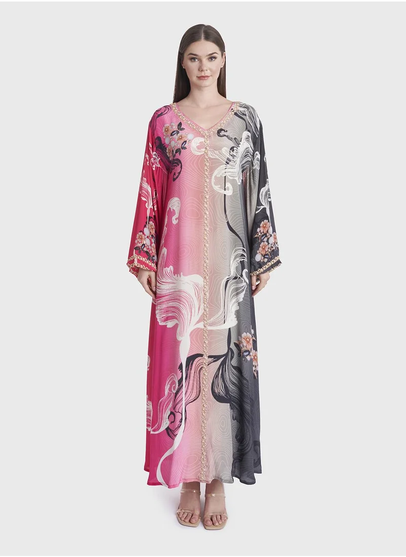 كشخة Abstract Print Viscose Crepe Handwork Jalabiya