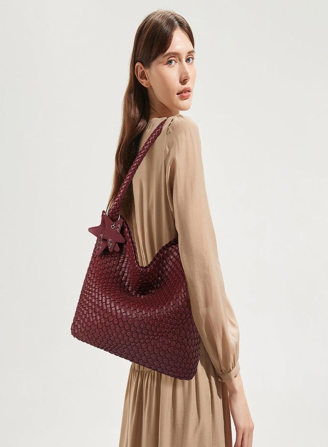 Queenoris Fashion Woven Purse for Women Top-handle Shoulder Bag Soft Summer Hobo Tote Bag, Wine Red, Medium - Image 2