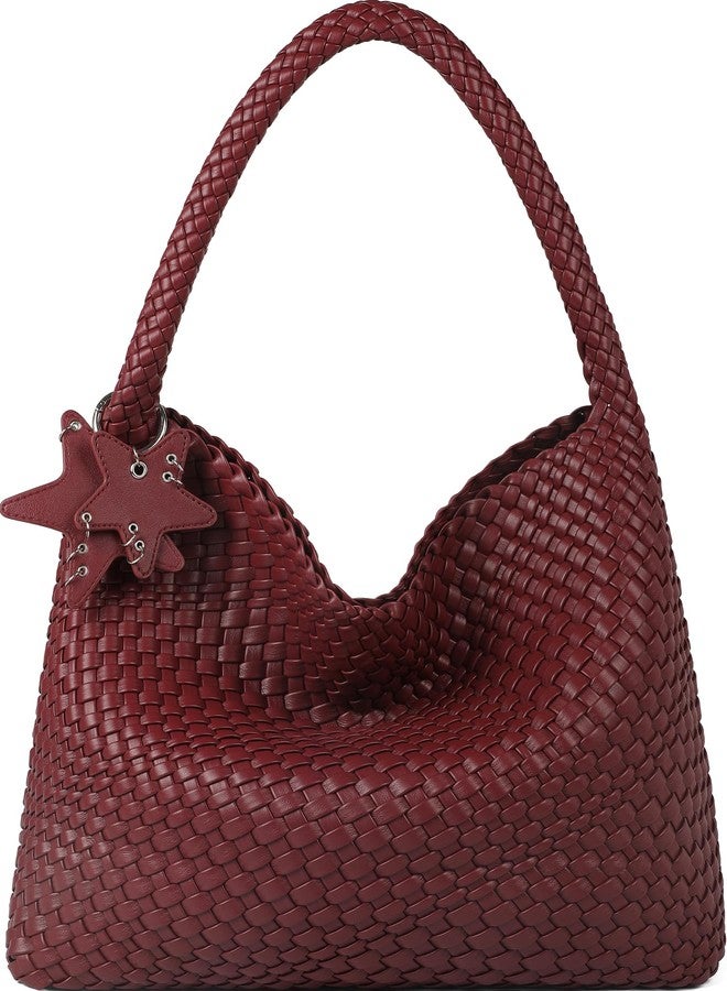Queenoris Fashion Woven Purse for Women Top-handle Shoulder Bag Soft Summer Hobo Tote Bag, Wine Red, Medium - Image 1