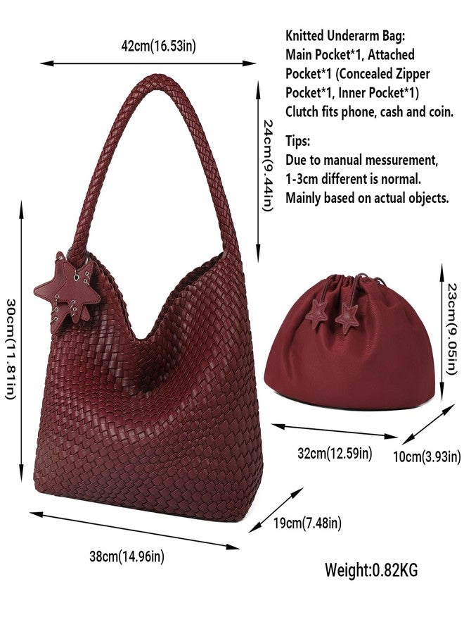 Queenoris Fashion Woven Purse for Women Top-handle Shoulder Bag Soft Summer Hobo Tote Bag, Wine Red, Medium - Image 3