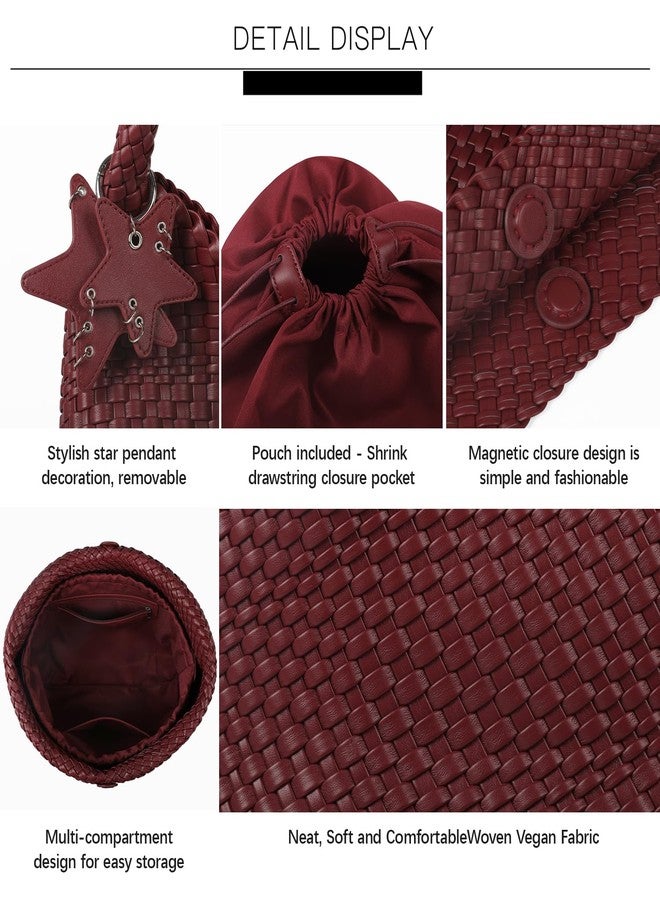 Queenoris Fashion Woven Purse for Women Top-handle Shoulder Bag Soft Summer Hobo Tote Bag, Wine Red, Medium - Image 5