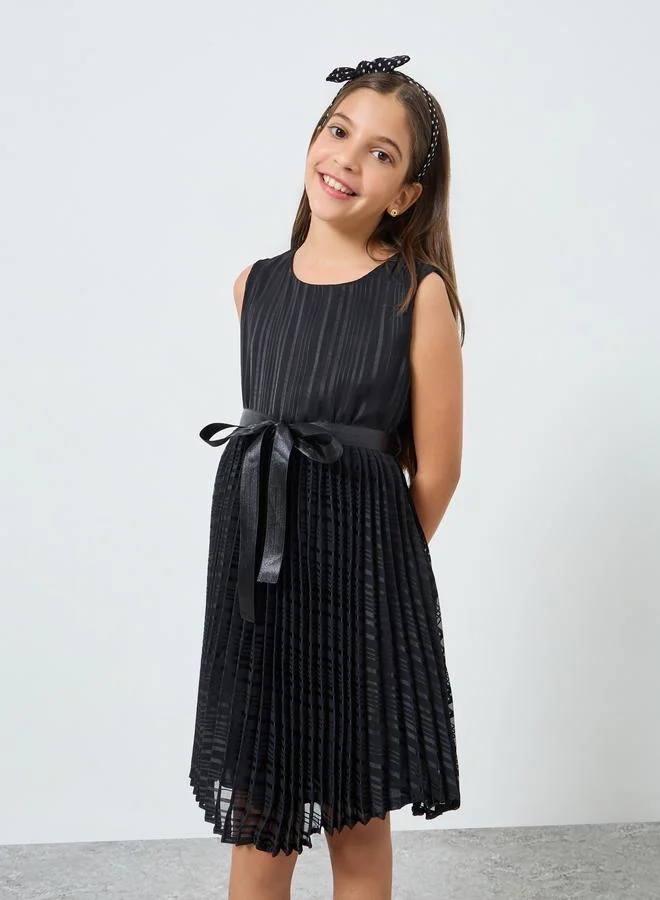 Styli Teens Pleated Dress with Bow Tie