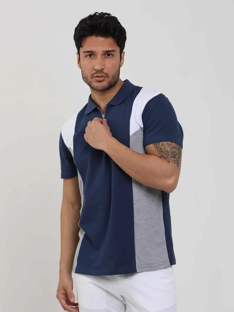 Navy Blue Men's Slim Fit Plain Polo Neck Tshirt - 105264