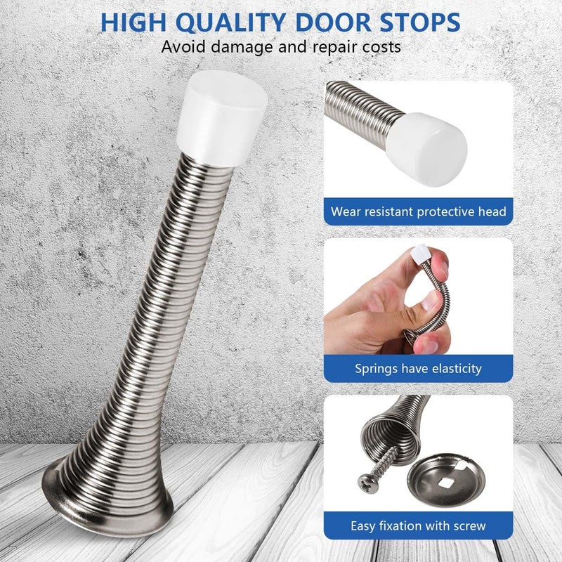 KISEER 12 Pack Spring Door Stops 3 1/4 Inch Flexible Heavy Duty Spring Door Stopper with RustProof Screw Rubber Bumper Tips (Satin Nickel) - Image 3