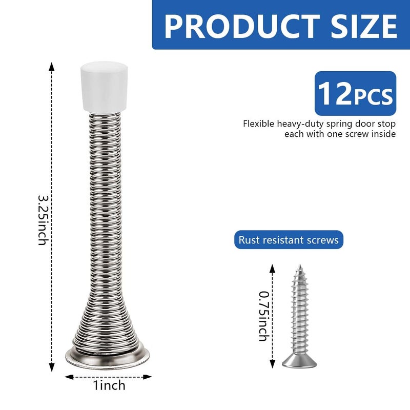 KISEER 12 Pack Spring Door Stops 3 1/4 Inch Flexible Heavy Duty Spring Door Stopper with RustProof Screw Rubber Bumper Tips (Satin Nickel) - Image 2