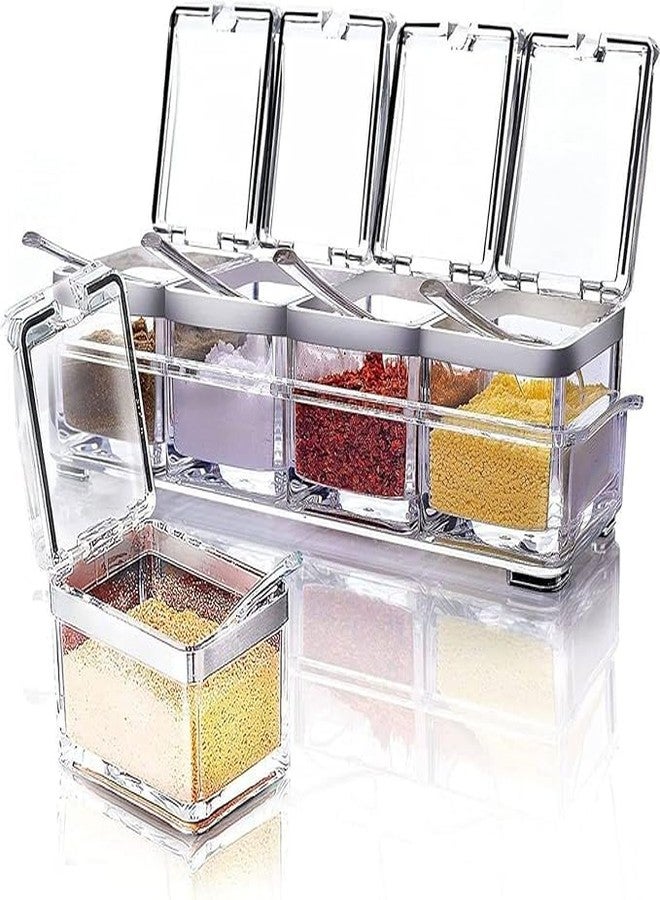 Kian Crystal Seasoning Acrylic Pepper Salt Spice Rack Plastic 4 Box with Spoons Kitchen Storage Containers Cooking Tools Unbreakable Dining Table Kitchen Storage Pickle (Transparent) (Set of 1) - Image 1