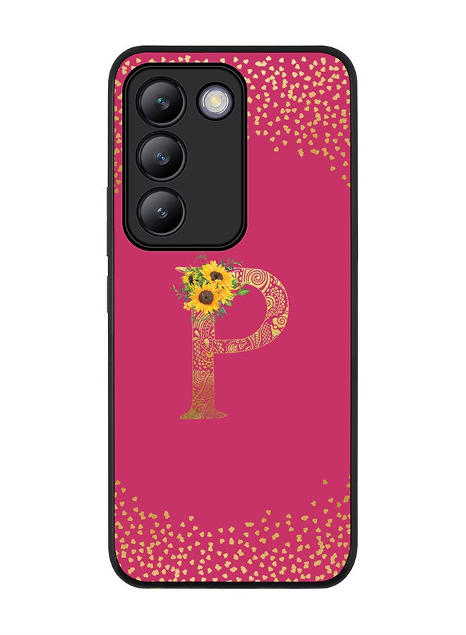 Stylizedd Rugged Black edge case for Vivo V30 Lite 5G, Cover Custom Monogram Initial Letter Mandala Floral Pattern Alphabet - P ( Deep Pink Rose ) - Image 1