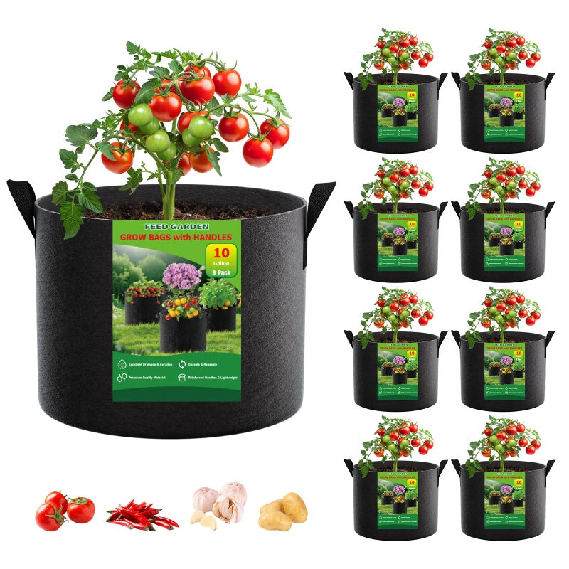 FEED GARDEN 10 Gallon Grow Bags 8 Pack 300G Thickened Fabric Plant Pots with Reinforced Handles Breathable Drainage Planters for Vegetables Tomatoes Herbs Indoor Outdoor Gardening - Image 2