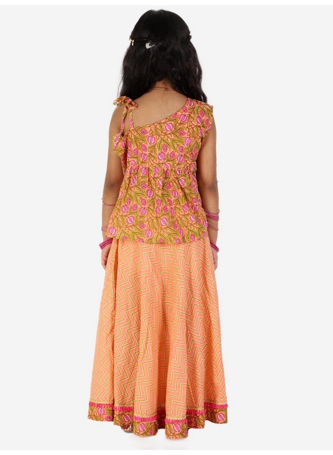 superminis Baby Girls Cotton Jaipuri Print One Side Off Shoulder Top/Kurti and Printed Lehnga/Skirt with Dori Closure Dress (Orange, 18-24 Months) - Image 3
