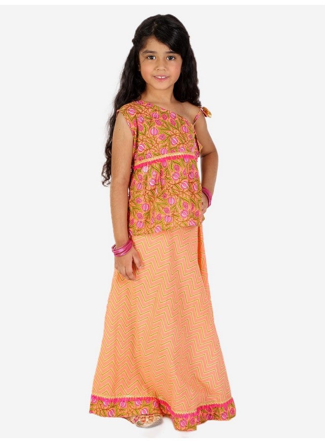 superminis Baby Girls Cotton Jaipuri Print One Side Off Shoulder Top/Kurti and Printed Lehnga/Skirt with Dori Closure Dress (Orange, 18-24 Months) - Image 5