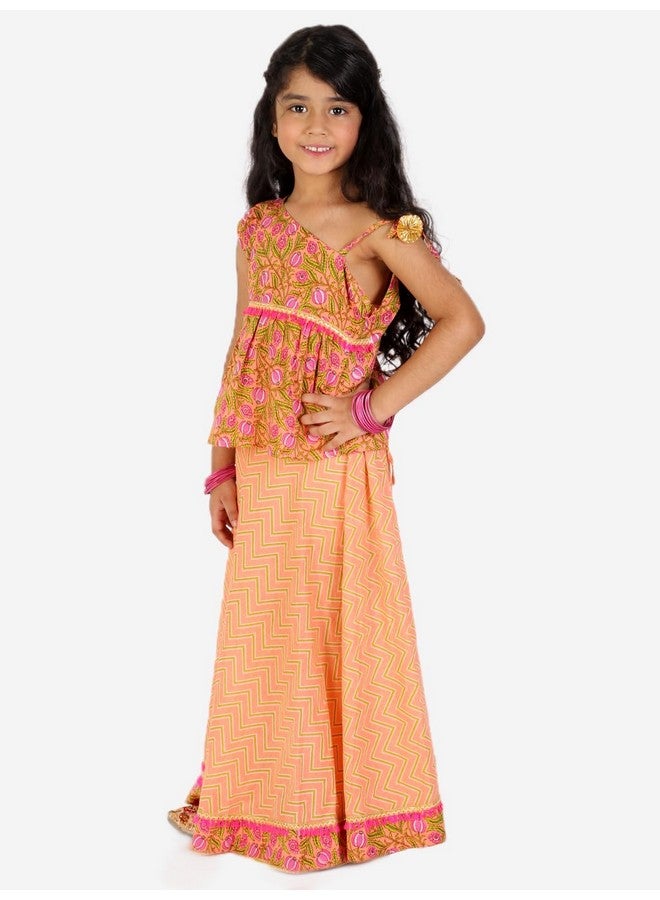 superminis Baby Girls Cotton Jaipuri Print One Side Off Shoulder Top/Kurti and Printed Lehnga/Skirt with Dori Closure Dress (Orange, 18-24 Months) - Image 4
