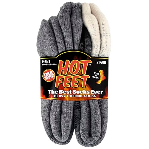 HOT FEET جوارب حرارية ساخنة للرجال، للطقس البارد الشديد، عبوة 2/4 من الجوارب السميكة الدافئة للرجال، جوارب معزولة شتوية، مقاس 6-12.5، عبوة 2، رمادي/أسود متدرج - Image 1
