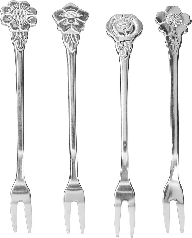 Stainless Steel Fruit Utensils 4 Pack | 2 Prong Mini Salad/Dessert/Tasting Pieces | 304 Grade for Kitchen/Party/Wedding | Dishwasher Safe & Ergonomic Design (Silver) - Image 1