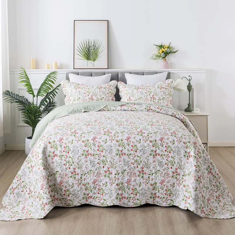 Travan 3-Piece Quilt Set Quilted Bedspread Lightweight Coverlet Set Garden Style Floral Printed Oversized Quilted Bedding Set with Shams for All Season, Flower Sea, King Size - Image 2