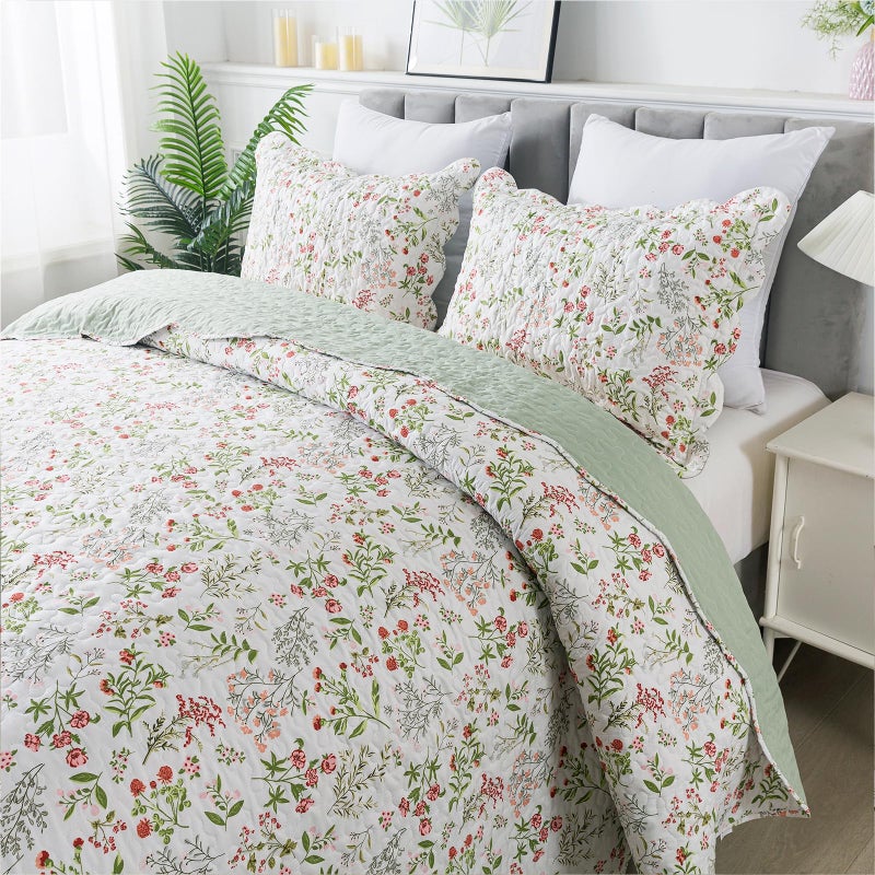 Travan 3-Piece Quilt Set Quilted Bedspread Lightweight Coverlet Set Garden Style Floral Printed Oversized Quilted Bedding Set with Shams for All Season, Flower Sea, King Size - Image 1