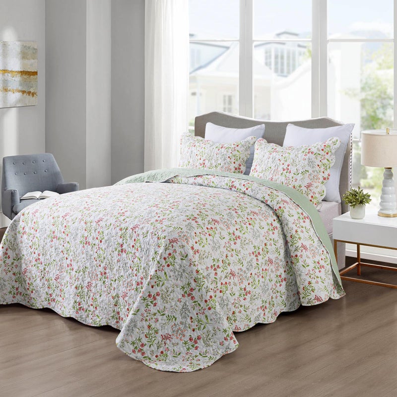 Travan 3-Piece Quilt Set Quilted Bedspread Lightweight Coverlet Set Garden Style Floral Printed Oversized Quilted Bedding Set with Shams for All Season, Flower Sea, King Size - Image 3