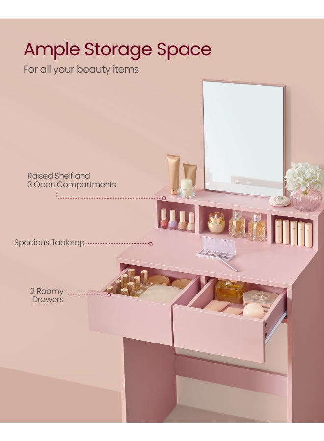 VASAGLE Modern Jelly Pink Dressing Table with Large Mirror, 2 Drawers & 3 Compartments, Cosmetic Table Jelly Pink - Image 4