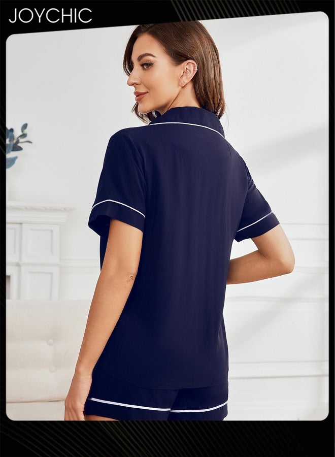 Joychic 2-piece Classic Spring and Summer Pajamas Modal Smooth and Comfoty Loose Women's Nightgown Casual Shirt Collar Short-sleeved Home Clothes Navy Blue - Image 4