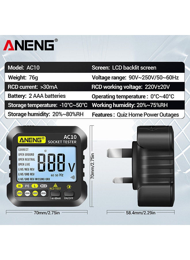 ANENG - Digital Socket Tester Household Plug Detector Polarity Phase Check Voltmeter Multi-function Electroscope (UK Plug) - Image 1