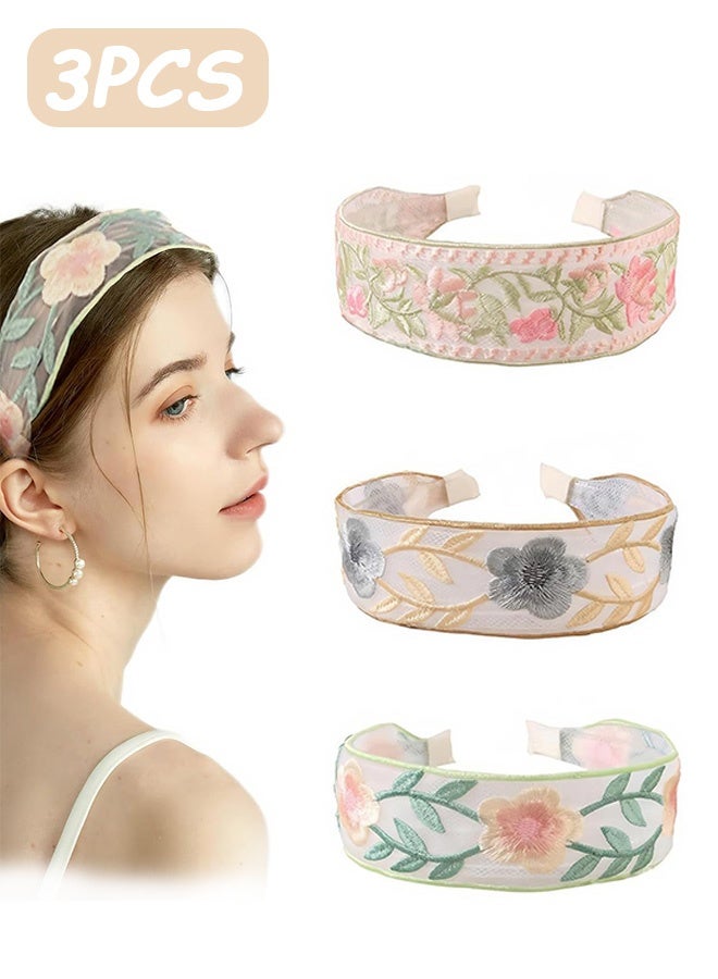 Quantum 3 PCS Floral Headband, Vintage Floral Embroidered Headbands, Comfortable and Non-Slip Easy to Match with Various Clothes - Image 1