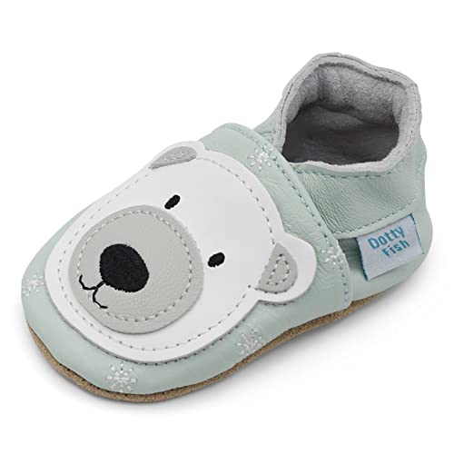 Dotty Fish Soft Leather Infant Shoes Unisex pre-Walkers. Polar Bear on Ice Blue Shoe. 12-18 Months - Image 1