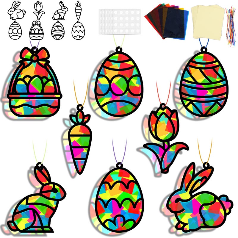 Lonfliness 32 Sets Easter Suncatchers Craft Kit DIY Egg Basket Window Stained Glass Effect Paper Basket Style Home School Classroom Decorations Spring Art Craft Creative Games Activity Project Gift Favor - Image 3