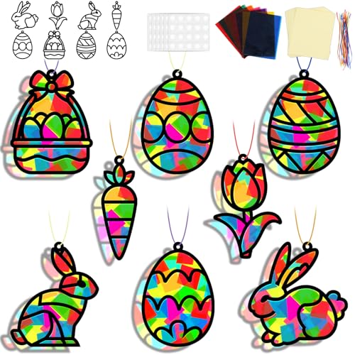 Lonfliness 32 Sets Easter Suncatchers Craft Kit DIY Egg Basket Window Stained Glass Effect Paper Basket Style Home School Classroom Decorations Spring Art Craft Creative Games Activity Project Gift Favor - Image 1