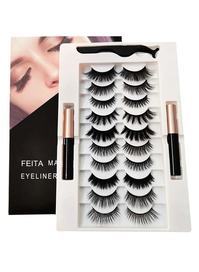FEITA Upgraded Magnetic Eyelashes Kit with Eyeliner - 10 Pairs Magnetic False Lashes Natural Look with Applicator, 2 Tubes Magnetic Eyeliner - Easy to Apply & No Glue Needed - Image 1