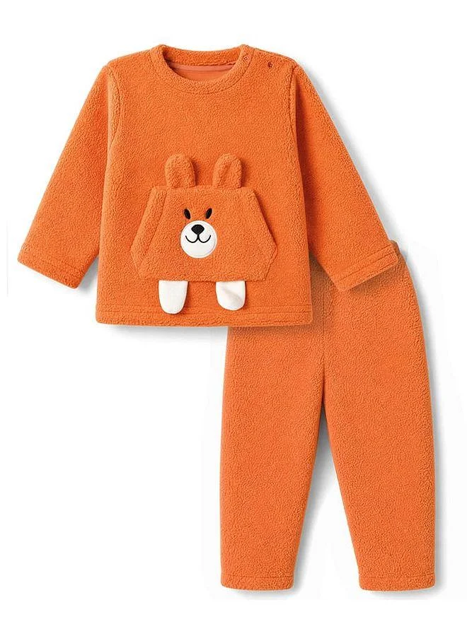Babyhug Babyhug Sherpa Fur Full Sleeves Winter Wear Suit with Bear Applique and Kangaroo Pocket - Orange
