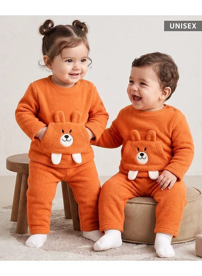 Babyhug Babyhug Sherpa Fur Full Sleeves Winter Wear Suit with Bear Applique and Kangaroo Pocket - Orange