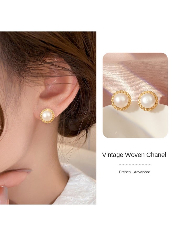 pincai New Retro Knitted Chanel-style Small Freshwater Pearl Earrings Gift Light Luxury Women High-end Versatile Earrings - Image 2