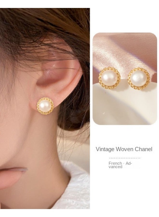 pincai New Retro Knitted Chanel-style Small Freshwater Pearl Earrings Gift Light Luxury Women High-end Versatile Earrings - Image 1