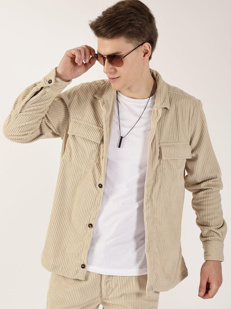 Thomas Scott Men Oversized Double Pocket Premium Corduroy Casual Shirt (TS1671_LightFawn, L) Light Fawn - Image 5