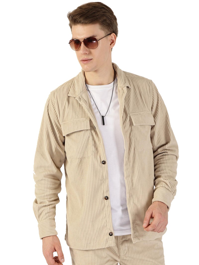 Thomas Scott Men Oversized Double Pocket Premium Corduroy Casual Shirt (TS1671_LightFawn, L) Light Fawn - Image 1