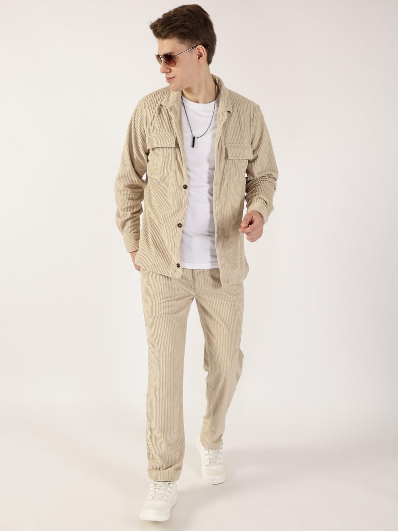 Thomas Scott Men Oversized Double Pocket Premium Corduroy Casual Shirt (TS1671_LightFawn, L) Light Fawn - Image 4