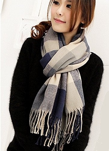 Wander Agio Women's Fashion Long Shawl Big Grid Winter Warm Large Scarf Grey - Image 2