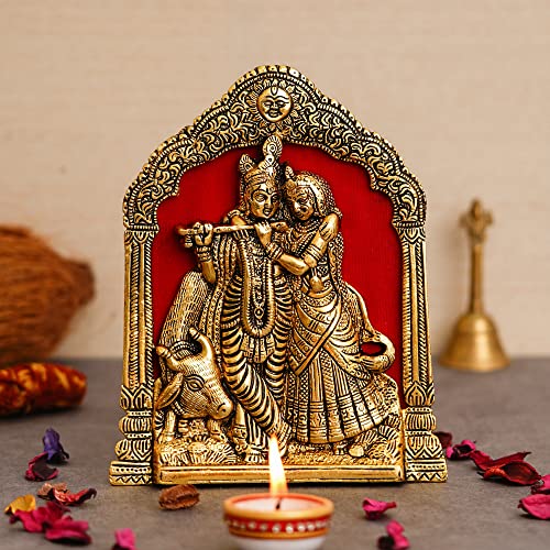 Webelkart Premium Metal Radha Krishna Idol Statue Wall Hanging for Home and Office Decor| Radha Krishna murti for Home Decor (7 x 8 Inches, Gold) - Image 1