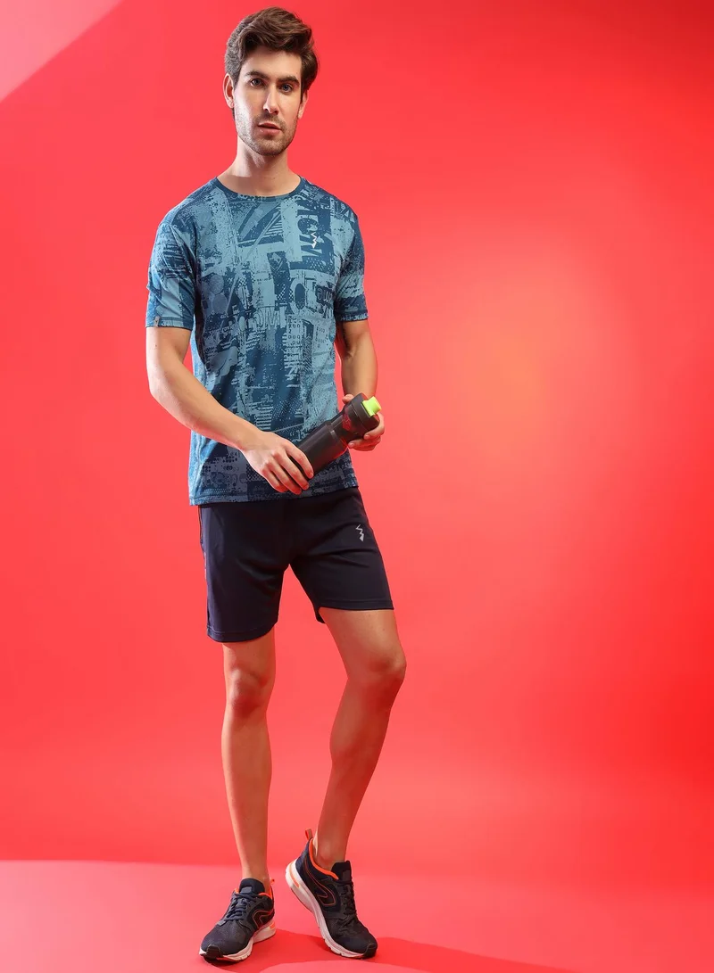 Campus Sutra Campus Sutra Men's Blue Printed Dri-Fit Short Sleeve Regular Fit Activewear T-Shirt For Casual Wear | Modern Clothing T-Shirt Crafted With Comfort Fit And High-Performance For Everyday Wear