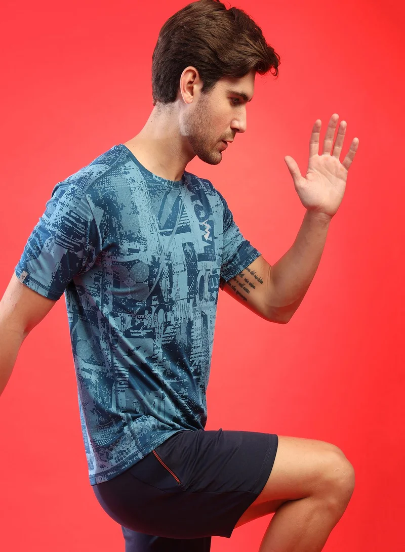 Campus Sutra Campus Sutra Men's Blue Printed Dri-Fit Short Sleeve Regular Fit Activewear T-Shirt For Casual Wear | Modern Clothing T-Shirt Crafted With Comfort Fit And High-Performance For Everyday Wear