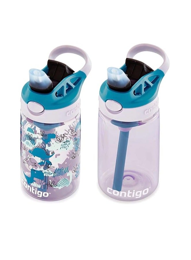 Contigo Kids Straw Water Bottle with AUTOSPOUT Lid, 14oz., 2 Pack, Eggplant & Dinos - Image 1
