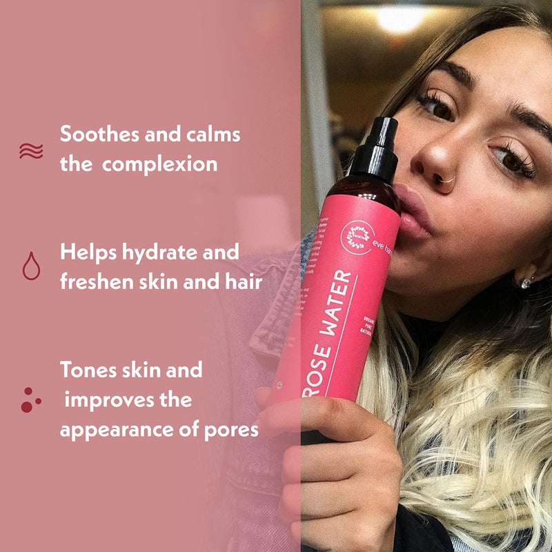 Eve Hansen بخاخ ماء الورد العضوي من إيف هانسن - رذاذ وجه وشعر نقي من ماء الورد للترطيب وإشراقة منعشة | تونر للوجه ورذاذ تثبيت المكياج | خالي من الكحول ونباتي | 4 أوقية - Image 2
