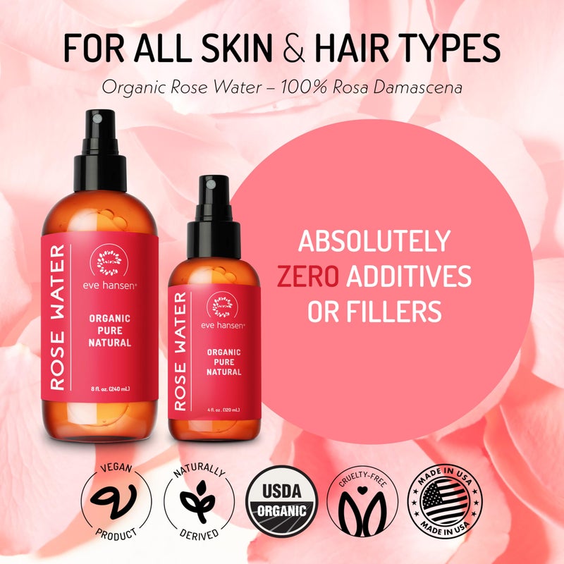 Eve Hansen بخاخ ماء الورد العضوي من إيف هانسن - رذاذ وجه وشعر نقي من ماء الورد للترطيب وإشراقة منعشة | تونر للوجه ورذاذ تثبيت المكياج | خالي من الكحول ونباتي | 4 أوقية - Image 3