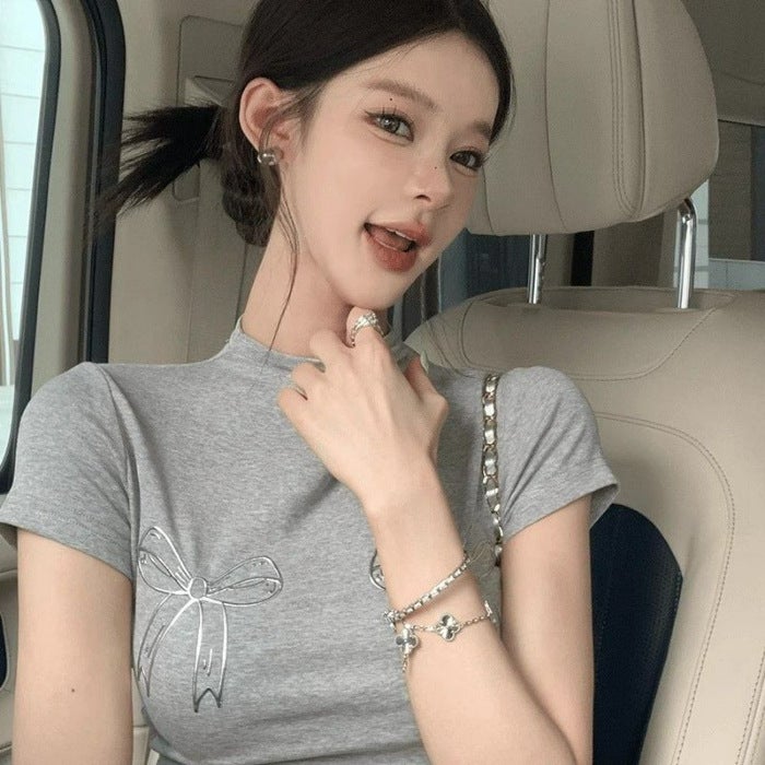 SweeT BalleT STyle Niche Bow Half TurTleneck ShorT-sleeved T-shirT for Women Summer Slimming Look ShorT RighT Shoulder Top Gray