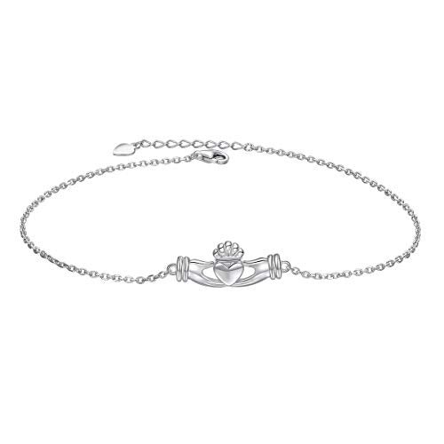 FLYOW S925 Sterling Silver Adjustable Foot Chain Claddagh Ankle Bracelet Anklet Jewelry for Women Birthday Gift Love Gift (Claddagh) - Image 1