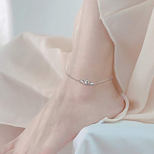 FLYOW S925 Sterling Silver Adjustable Foot Chain Claddagh Ankle Bracelet Anklet Jewelry for Women Birthday Gift Love Gift (Claddagh) - Image 2