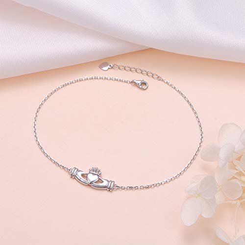 FLYOW S925 Sterling Silver Adjustable Foot Chain Claddagh Ankle Bracelet Anklet Jewelry for Women Birthday Gift Love Gift (Claddagh) - Image 3