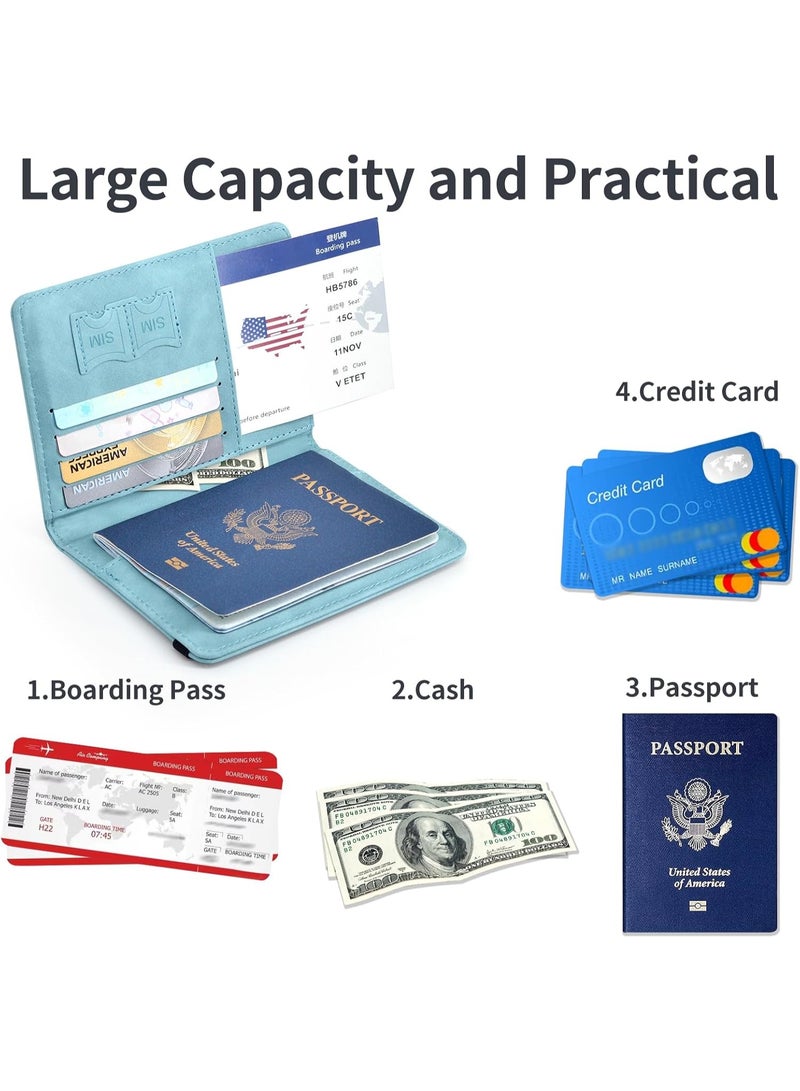 طقم حامل جواز السفر أزرق فاتح، غطاء جواز السفر من الجلد مع حماية RFID وفتحة لبطاقات الائتمان وفتحة لبطاقات الصعود، محفظة جواز السفر، ضروري للسفر، مستلزمات الإجازة البحرية للنساء والرجال - Image 4