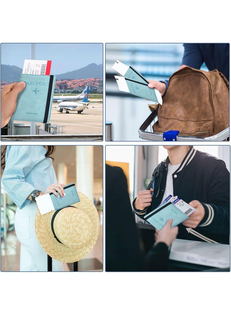 طقم حامل جواز السفر أزرق فاتح، غطاء جواز السفر من الجلد مع حماية RFID وفتحة لبطاقات الائتمان وفتحة لبطاقات الصعود، محفظة جواز السفر، ضروري للسفر، مستلزمات الإجازة البحرية للنساء والرجال - Image 5